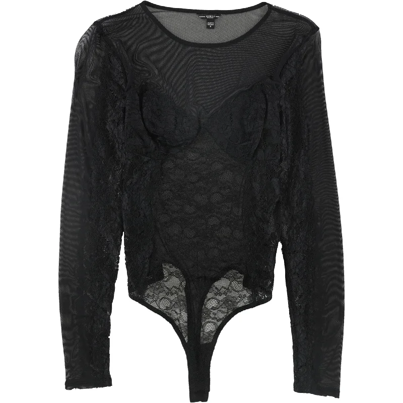 GUESS Womens Larisa Lace Thong Bodysuit Jumpsuit, Black, Medium