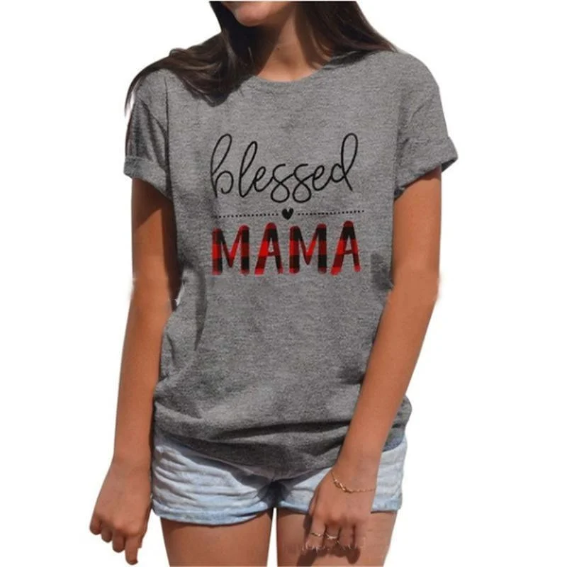 Blessed Mama Letter Print Women's Clothes Short Sleeve Basic T-shirt