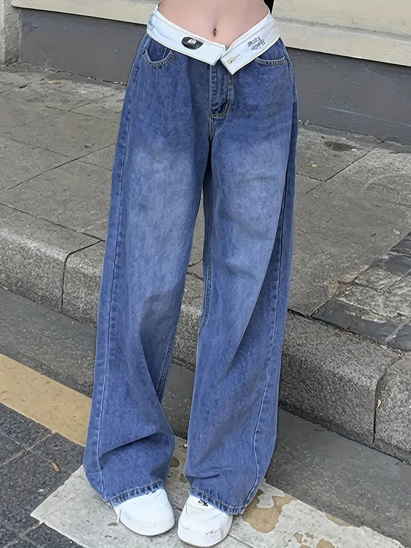 Blue Flipped Waist Design Loose Fit Straight Jeans