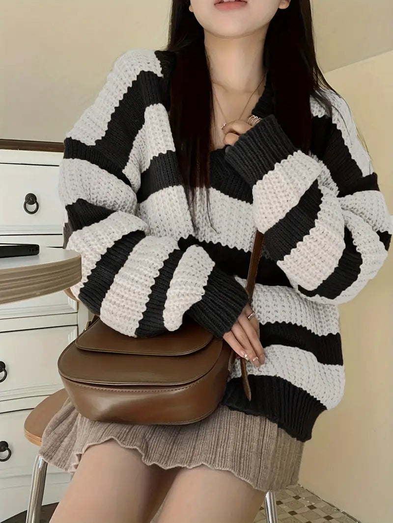 Casual Long Sleeve Striped V Neck Pullover Sweater