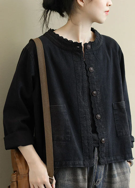 Boho Black Casual Button Embroidered Fall Denim Coat