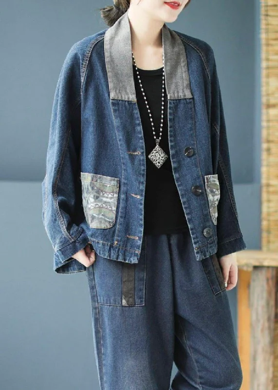 Casual Blue Pockets Button Patchwork Print Fall Denim Long sleeve Coat