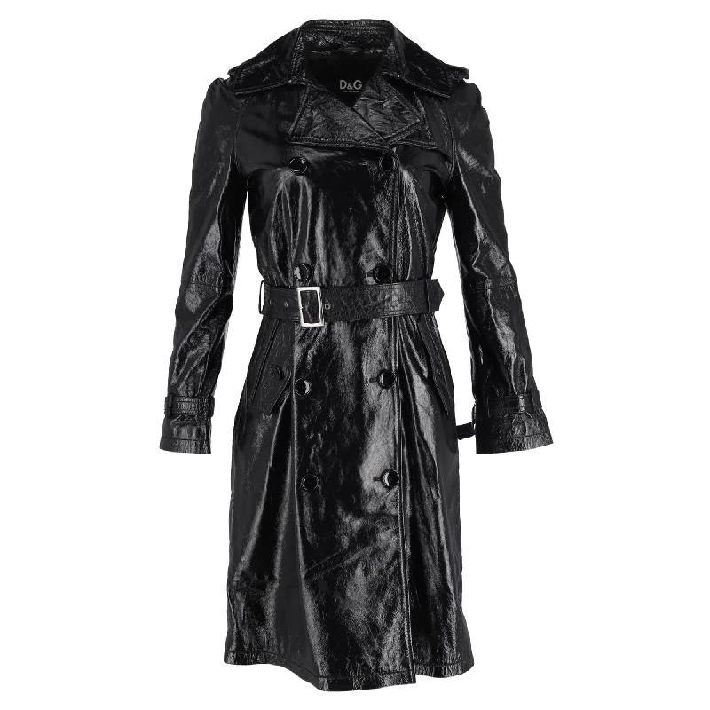 D&G Crinkled Double-Breasted Trench Coat in Black Leather