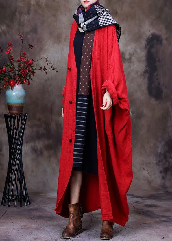 French Red V Neck Oversized Linen Trench Coat Long Sleeve