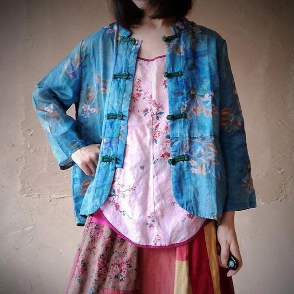 New 2020 Autumn  Print Flower Ramie Coats Vintage Full Sleeve O-Neck Linen Coats