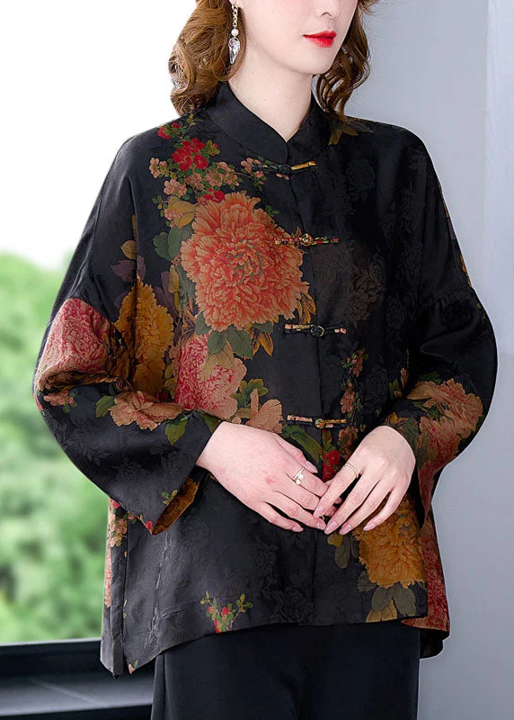 Retro Black Floral Print Stand Collar Oriental Button Silk Coats Long Sleeve