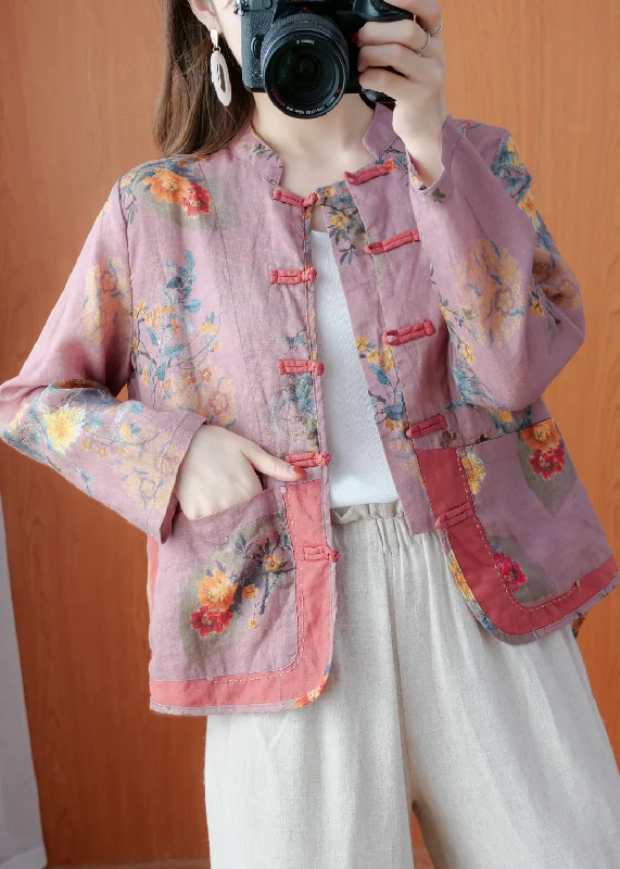 Unique Dark Pink Stand Collar Pockets Print Linen Coat Long Sleeve