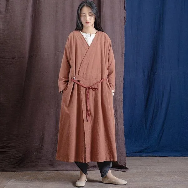 Vintage Trench Cotton Linen Coat Women 2020 Spring New Long Sleeve V-Neck Coat