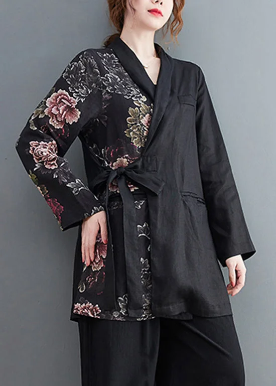 Women Black tie waist Asymmetrical Pockets Print Linen coat Long Sleeve