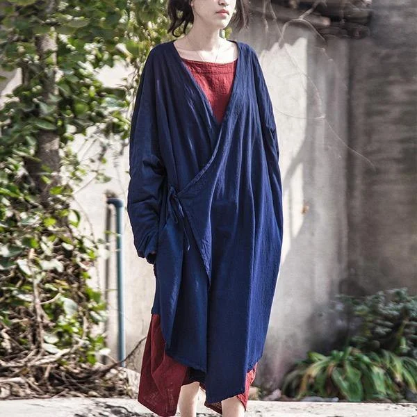 Women Cotton Linen Bandage Trench Coat  V-Neck Vintage Cardigan Irregular Clothes Trench