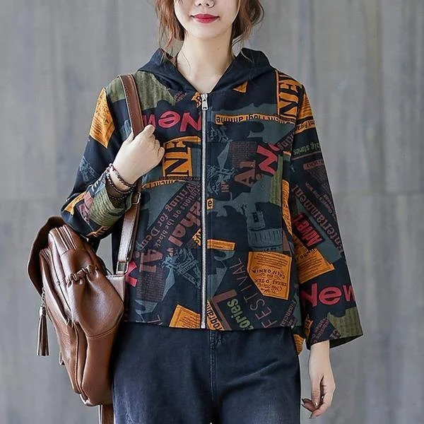 Women Cotton Linen Casual Hooded Jackets Streetwear Vintage Print Loose Ladies Outerwear Coats