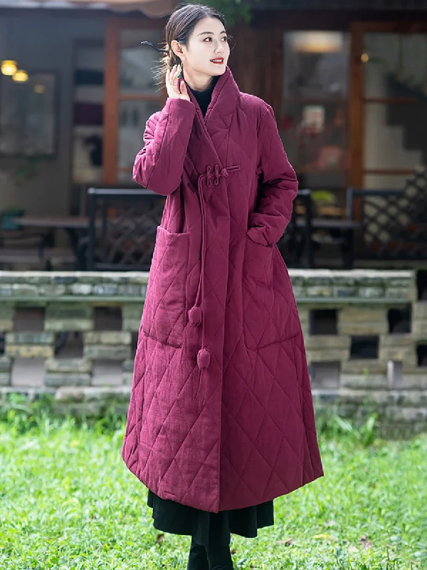 Women Vintage Solid Buckle Linen Padded Coat