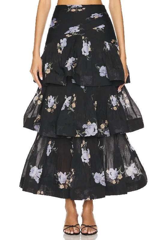 Pleated Tiered Skirt In Black Iris Floral