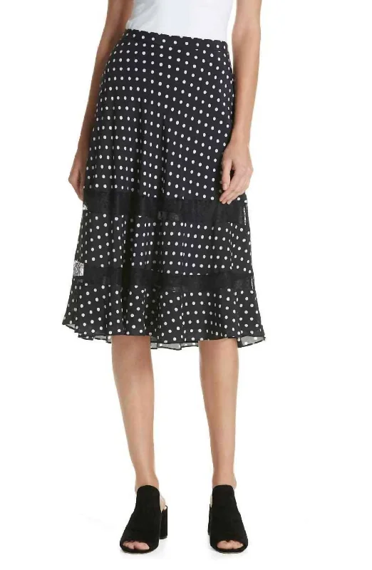 Polka Dot Lace Trim A Line Midi Skirt In Navy Blue