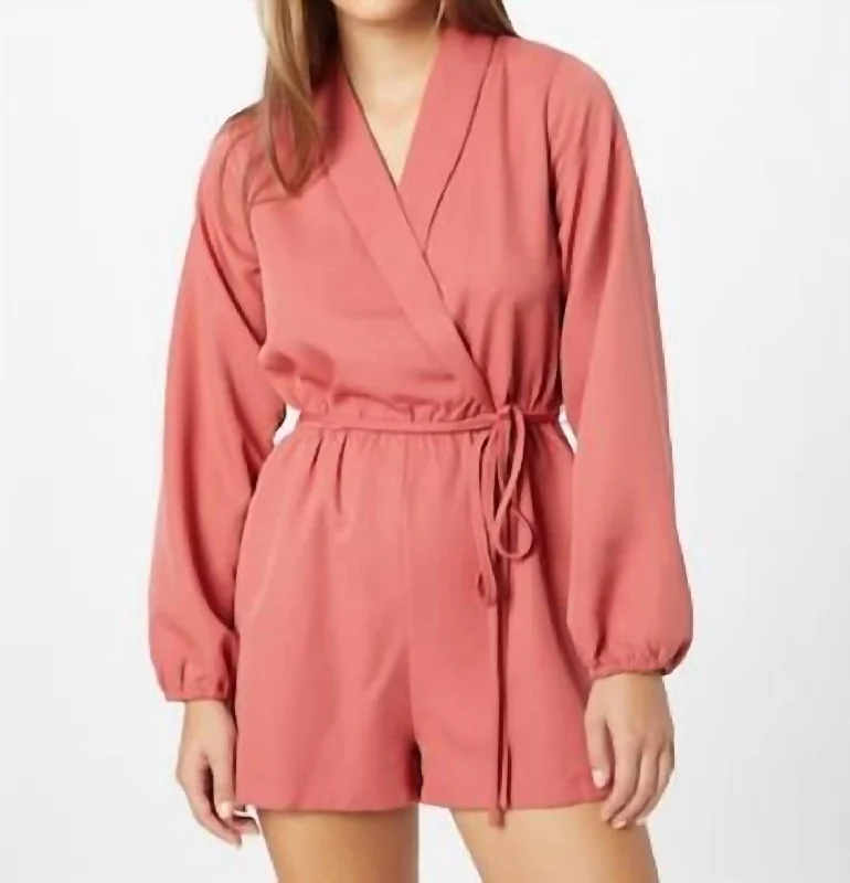 Tie-Belt Waist And Puff Sleeve Romper In Pink Terracotta