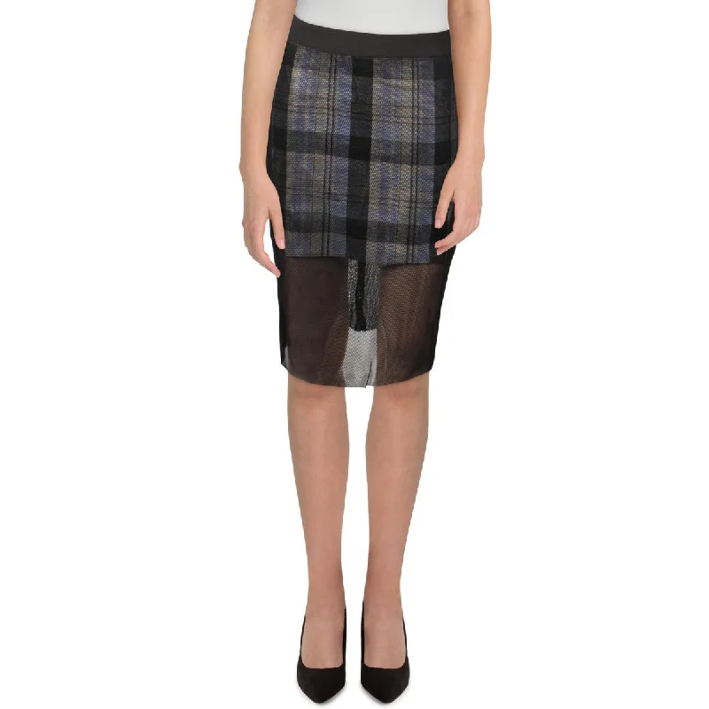 Womens Mesh Plaid Pencil Skirt