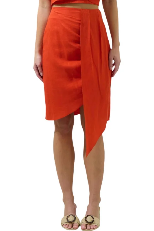 Wrap Drape Skirt In Red Orange